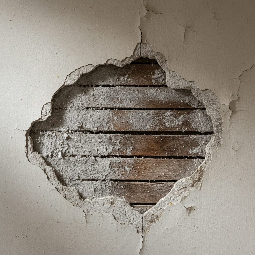 Broken plaster wall exposing wood lath in an older home